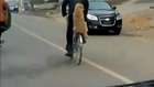 a funny doggie is on a bike
